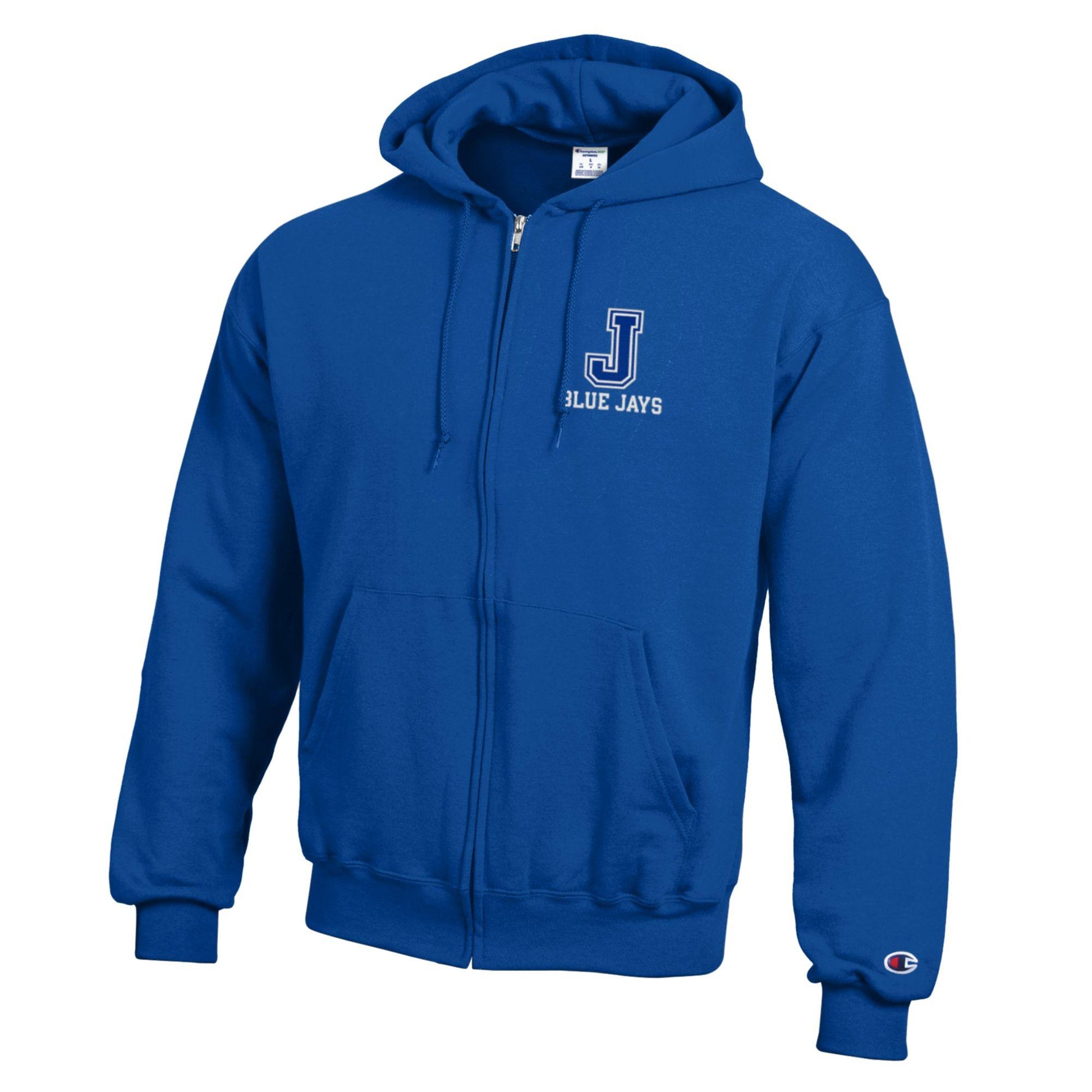 Champion.

50% Cotton/50% Polyester - 8.7 oz. fleece.

Features a double layer hood with drawcord. Covered zipper at center front. Rib knit at cuffs and waistband. Front pouch pocket.

J Blue Jays embroidered logo.