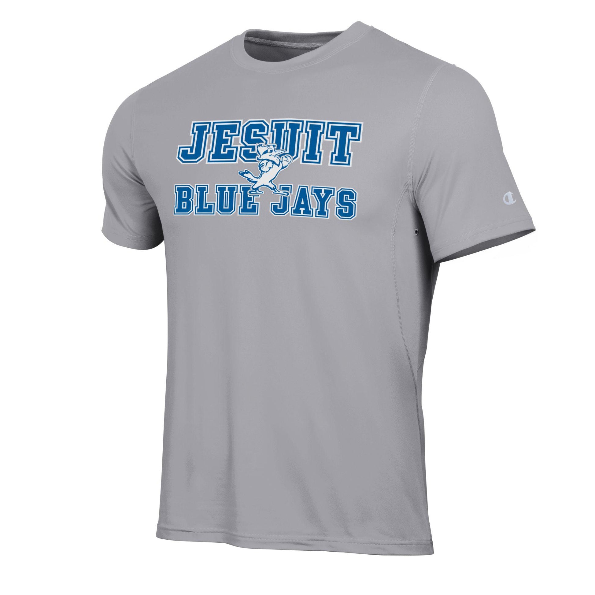 Champion.

86% recycled polyester/14% elastane.

Set in sleeves. Cover stitch detail. Side panel gusset. Under arm buttonhole vents.

Jesuit Blue Jays w/Jayson logo.