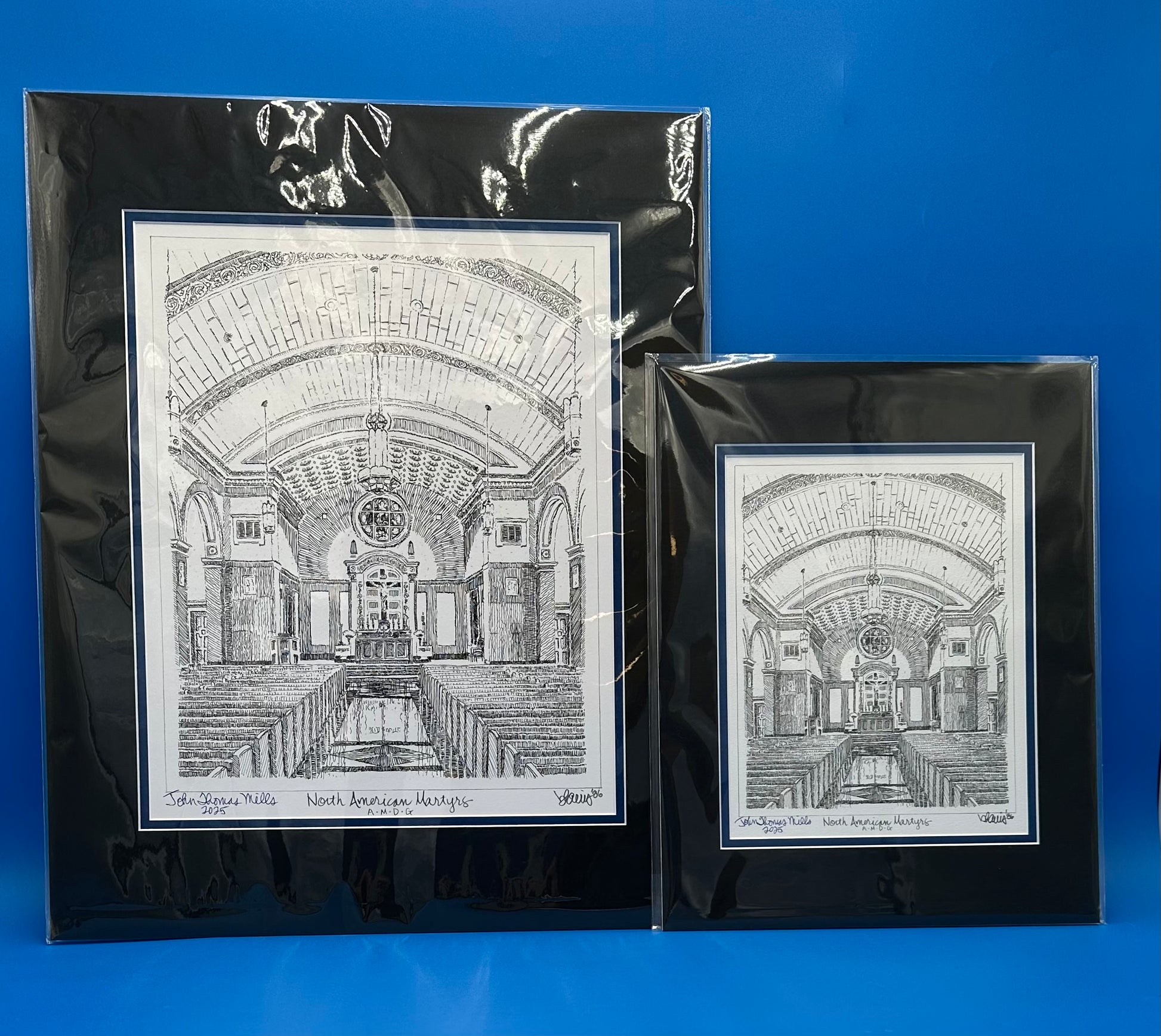 Artist William "Billy" Harris Class of '86.
Personalized signature of your graduating student by artist on these pen and pencil drawings of the Chapel of the North American Martyrs and the front doors of Jesuit High School. Artwork is double matted - Royal Blue interior and Black exterior. Easily fits in ready-made frames.
When ordering:
Provide Graduate's name - maximum is 18 characters per name (including spaces).  Choose black pencil OR blue pen.
