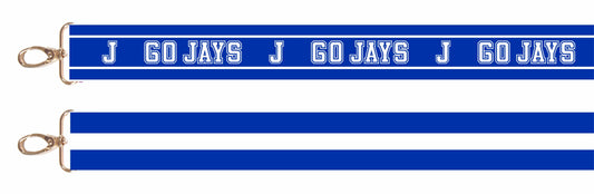 Desden.

26-52" long x 1.5" wide.&nbsp; Adjustable strap with high quality brass hardware. Can be paired with the Clara bag (sold separately).

Royal Blue & White J/Go Jays logos on one side with Royal Blue & White stripe on opposite.