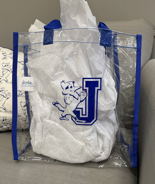 Desden.  12" x 12" x 6"  The clear stadium tote adheres to stadium regulations with its transparent design, ensuring a hassle-free entry.  J/Jayson logo