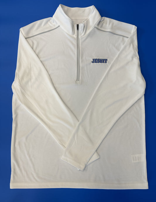 Gear for Sports.  100% Polyester Jacquard.  Has a stand collar, front zip, shoulder panel, contrast self-fabric piping detail on zipper placket & shoulder panel.  Standard hem finishing.  Embroidered JESUIT logo.