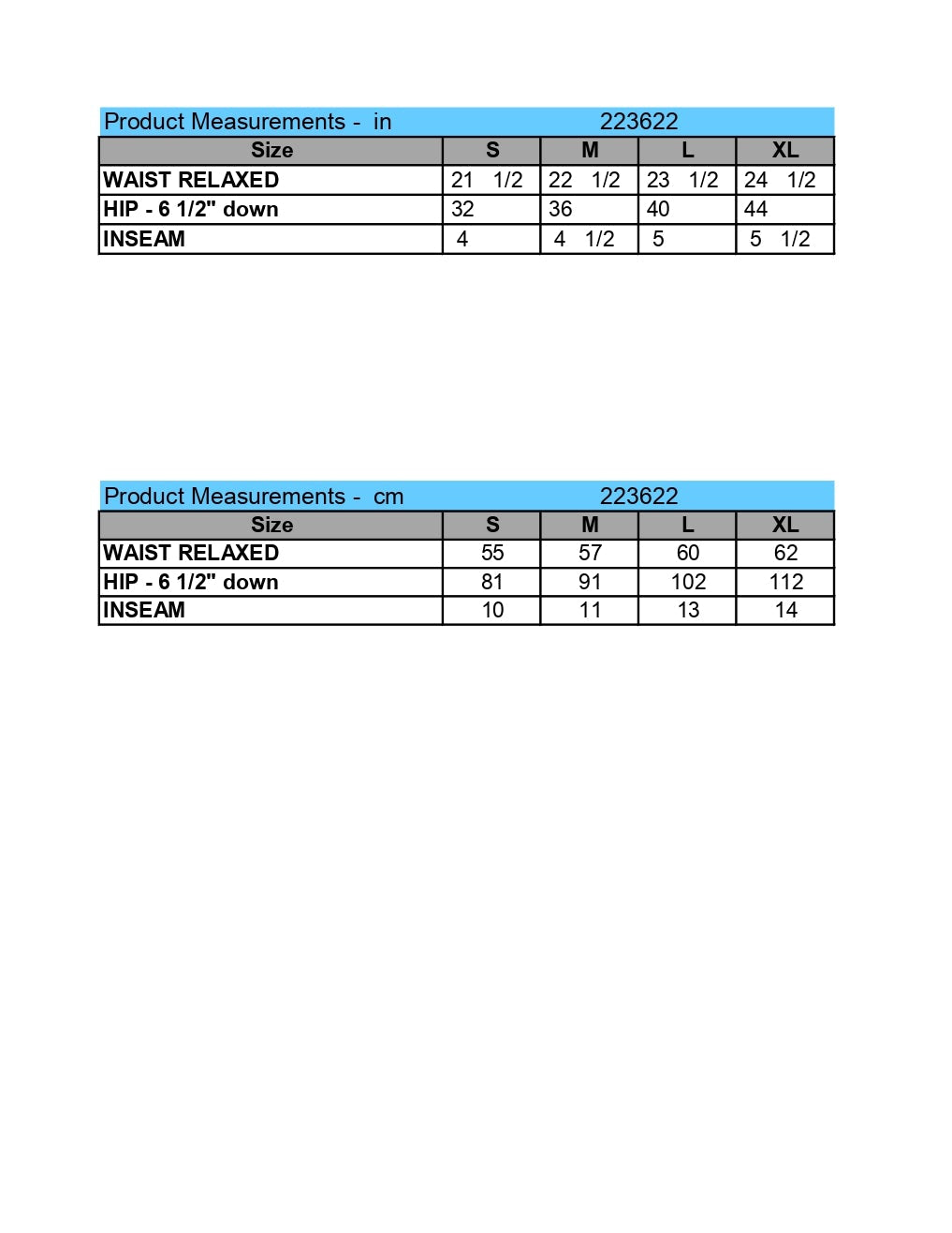 Youth short product measurements in both inches OR centimeters.