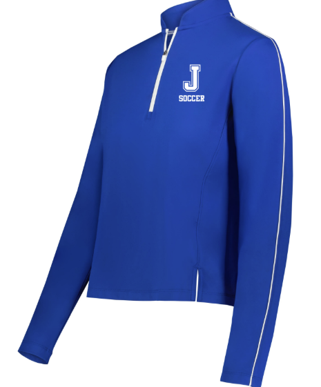 Holloway

78% recycled polyester/22% spandex pleached flex knit.

Eco-Revive ladies' stretch Quarter zip pullover designed with a modest, cropped fit, contoured bottom, and moisture-wicking performance. Semi-fitted.  Tag- free label. Set-in sleeves. Side vents. White zipper detailing.

J Soccer screen-printed logo.