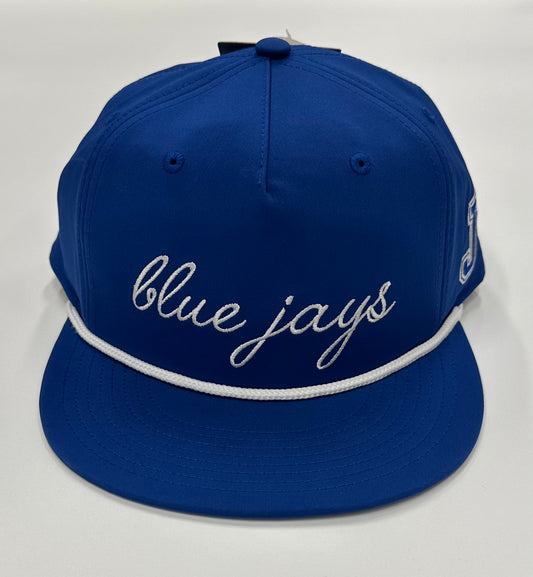 The Game.

97% Polyester/3% Spandex. One size fits most.

Flat bill baseball hat with performance 5-Panel gamechanger. Snapback with rope detail.

Blue Jays cursive logo with J logo on side.