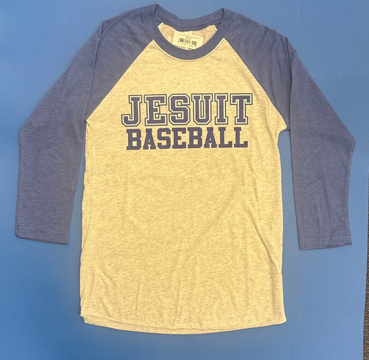 Next Level.

50% Polyester/25% Cotton/25% Rayon.

Tri-Blend fabric features 3/4 raglan sleeves with matching-colored sleeves, collar and cover stitch. Heathered Blue sleeves with a light ash grey body.

JESUIT BASEBALL LOGO.