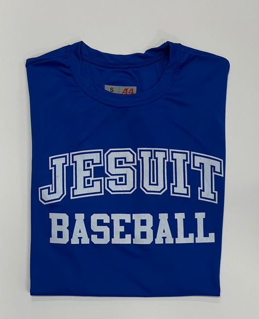 A4.

100% Polyester.

Features stain resistant, odor-resistant fabric for easy care. Moisture wicking for peak performance. UPF 44+ sun protection.&nbsp; Set in short sleeves.

JESUIT BASEBALL LOGO.