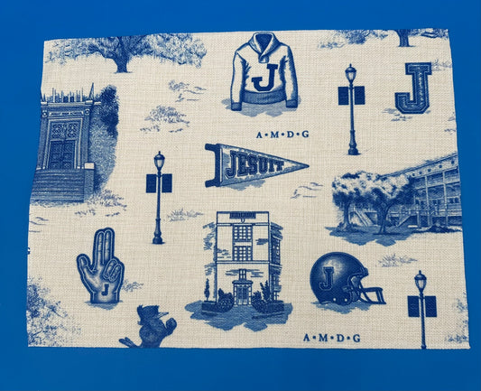 The placemats are two-ply with tightly sewn finished edges. Approximately 12” x 15.75” natural colored linen polyester blend. They feel like a heavyweight linen, but the little bit of polyester keeps them magically flat. Machine was in cold water, hang to dry or dry on low and remove from dryer right away. No ironing needed. JESUIT TOILE PATTERN.