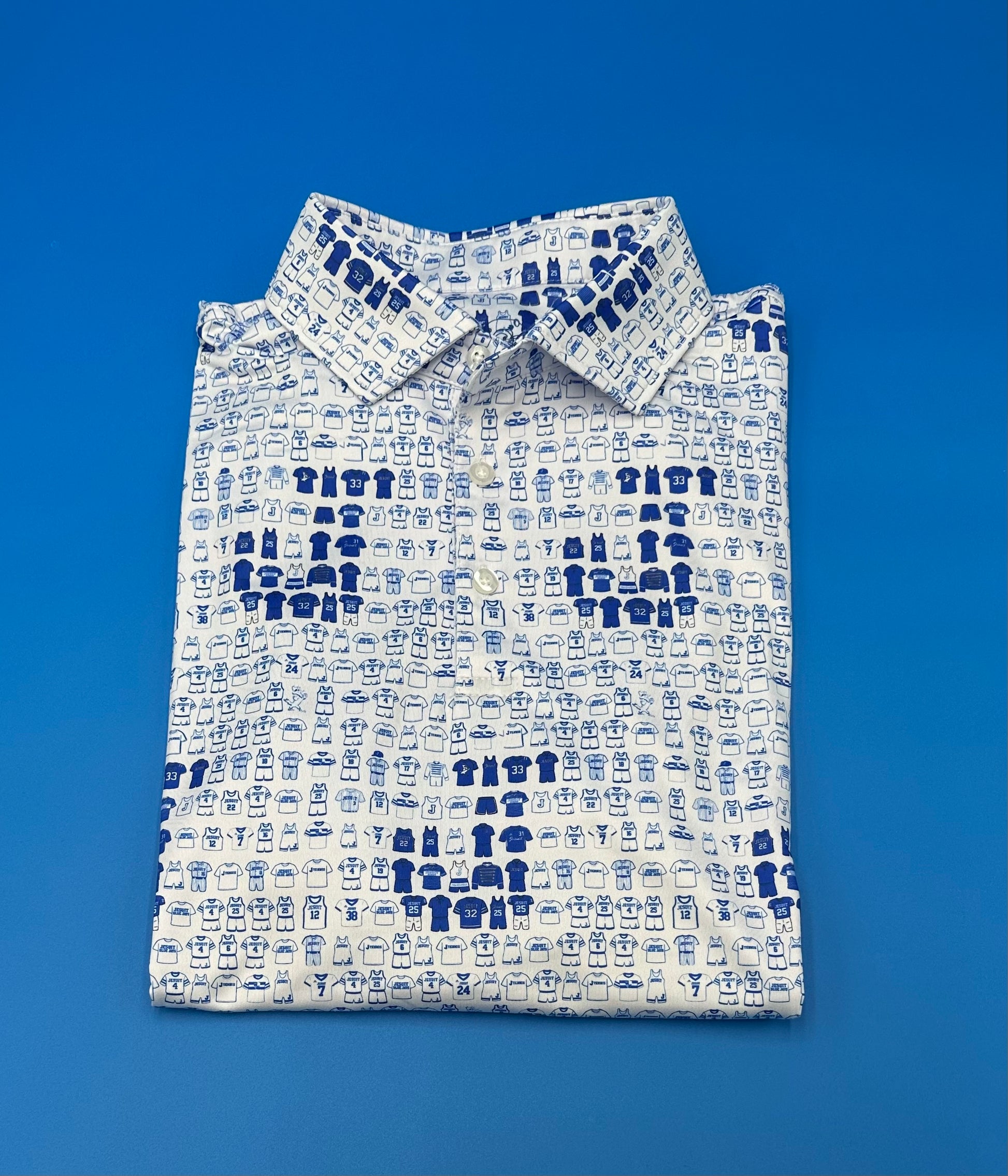 Swamp Rat Threads.

92% Polyester/8% Lycra.

Sublimated fabric features an all over Jesuit Sports Jerseys in Royal Blue and White. Incorporated in the design is our J logo. Our Blue Jay Band is featured too!