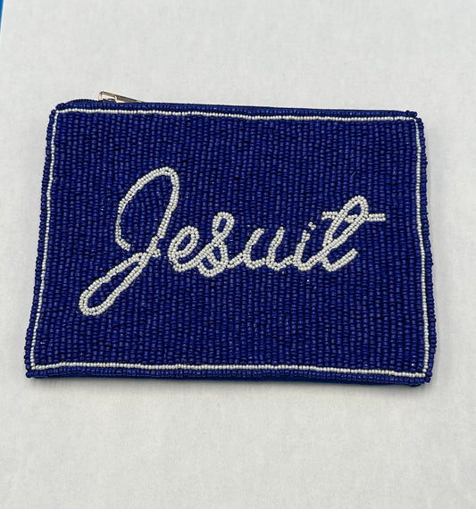 Desden.

A small pouch (measures 6 x 5 inches) that makes game day easier. This hand-beaded pouch has a secure zip-top closure, perfect for keeping essentials organized inside a clear purse. Designed to fit stadium-approved bags.

Jesuit script logo.