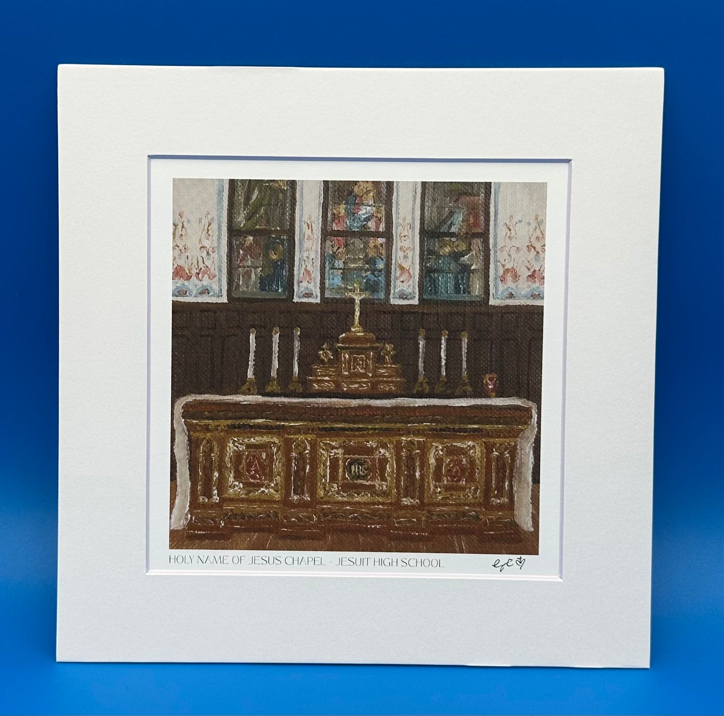 Grace Cortez.

Fine art print of an original oil painting of Jesuit’s Holy Name of Jesus Chapel. The original has been prayerfully painted for all souls who have encountered Christ within this chapel through baptisms, weddings, and their daily lives.The print itself is 6x6 in and includes an 8x8 mat.