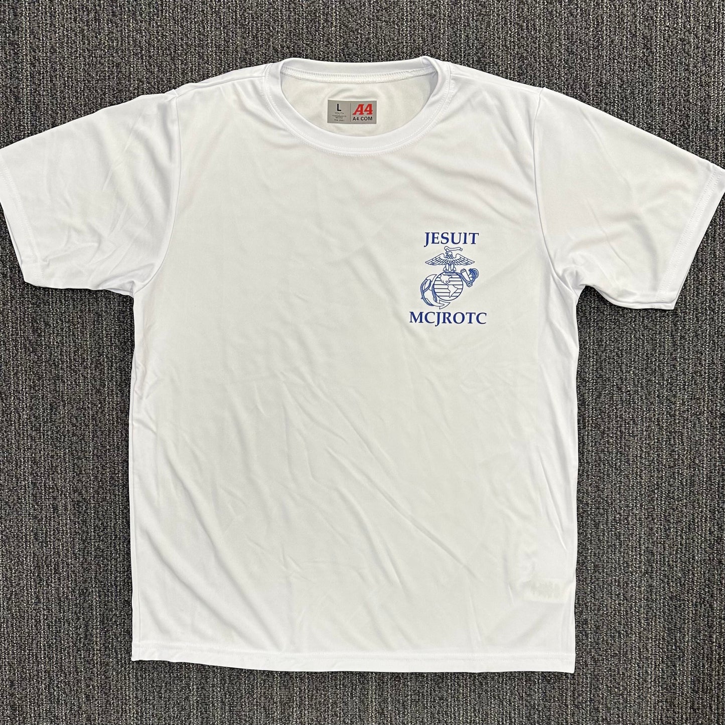 A4.

100% Polyester

Odor resistant and stain release fabric for easy care. Reinforced shoulder seams for extra durability. Double needle cover-stitch hem and neck

MCJROTC screenprinted logo.