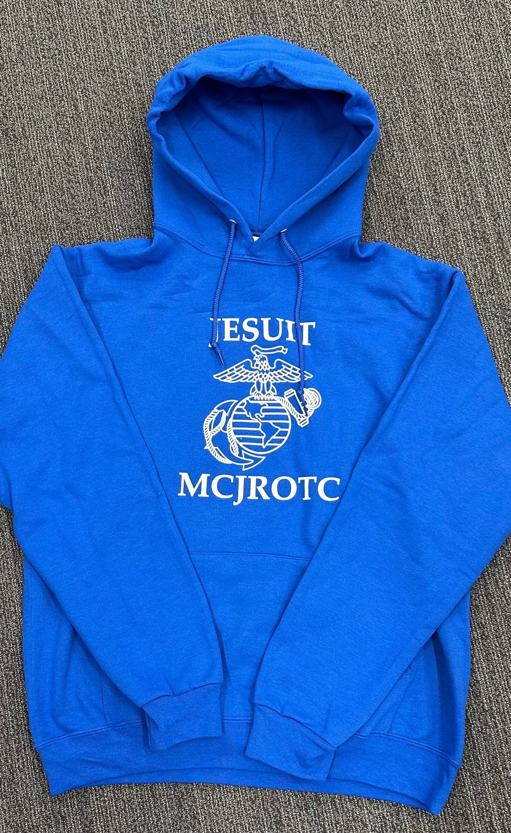 Jerzees

50% Cotton/50% Polyester.

Heavy Blend Fleece Hoodie. Features double-lined hood, 1x1 ribbed cuffs and waistband with spandex, pouch pocket offers convenience functionality and matching drawstring.

JESUIT MCJROTC LOGO.