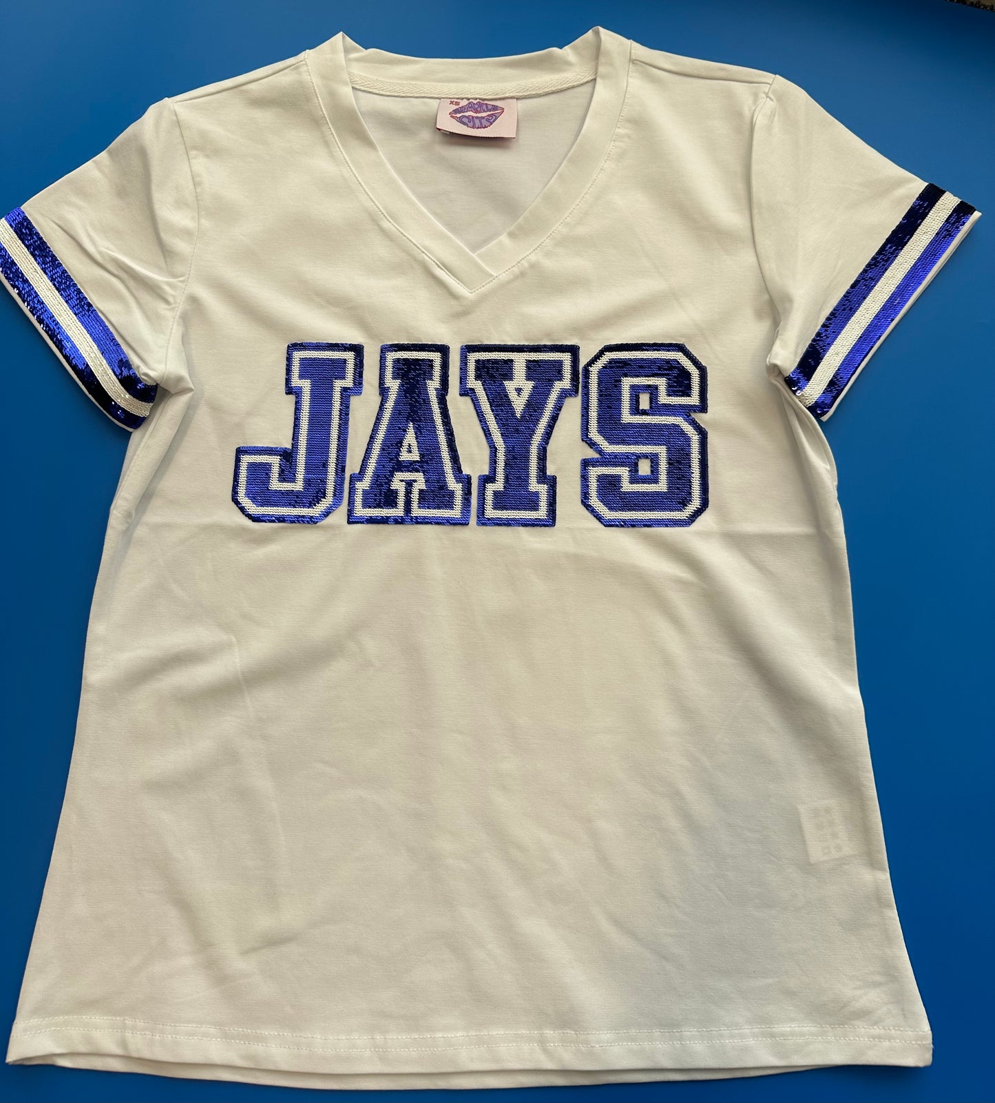 Sparkle City.  95% Cotton/5% Lycra.  White tee with Royal Blue & White JAYS sequin trim as well as sequin trim on sleeves.