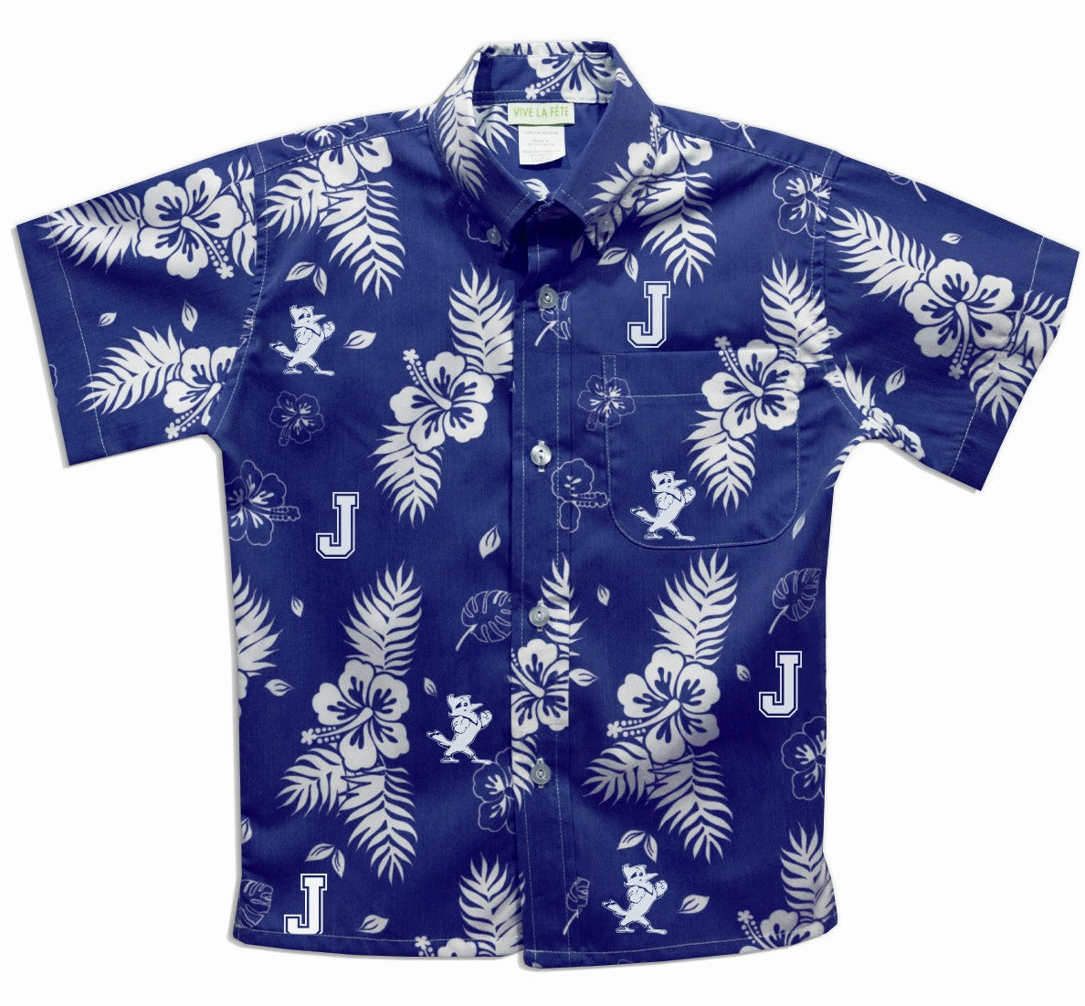 Vive La Fete.  80% Polyester/20% Cotton.  Button down short sleeve shirt with a roomy fit.  Classic Hawaiian print in Royal Blue & White with the J and Jayson logos!