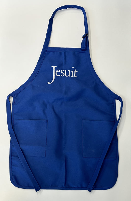 Augusta.  Royal Blue.  One Size.  65% polyester/35% cotton twill.  1" wide neck strap with slider adjustment. 1" wide waist ties reinforced at stress points. Two patch pockets Rounded bottom with self-fabric binding.  22" width x 30" length.  Embroidered Jesuit logo.