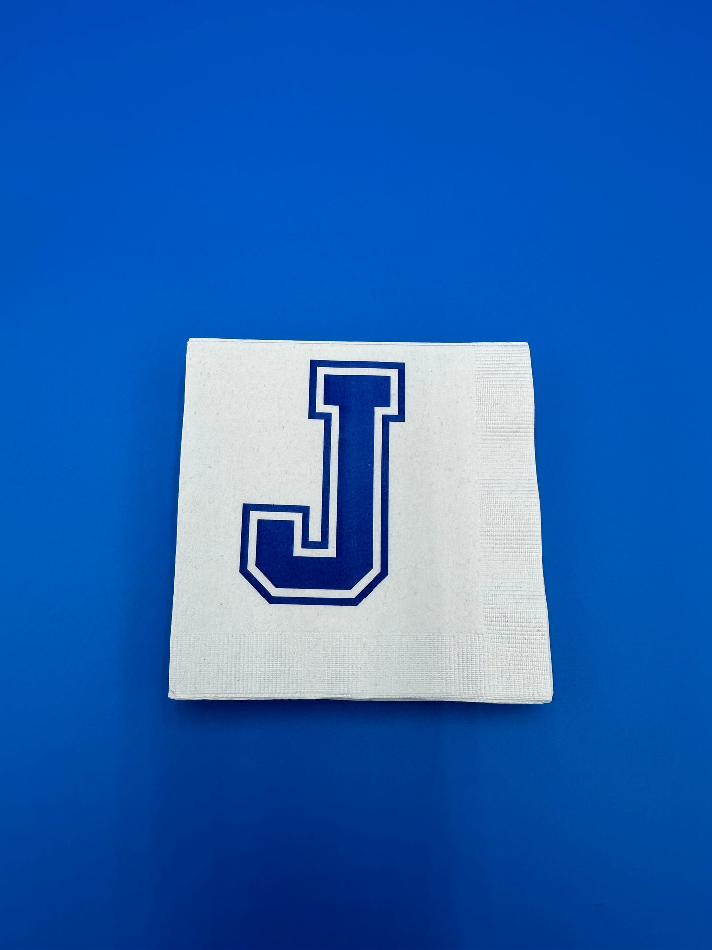 For your Jesuit parties!  Beverage size white napkins with J logo.  Package of 20 napkins in set.  Measures 5" x 5".
