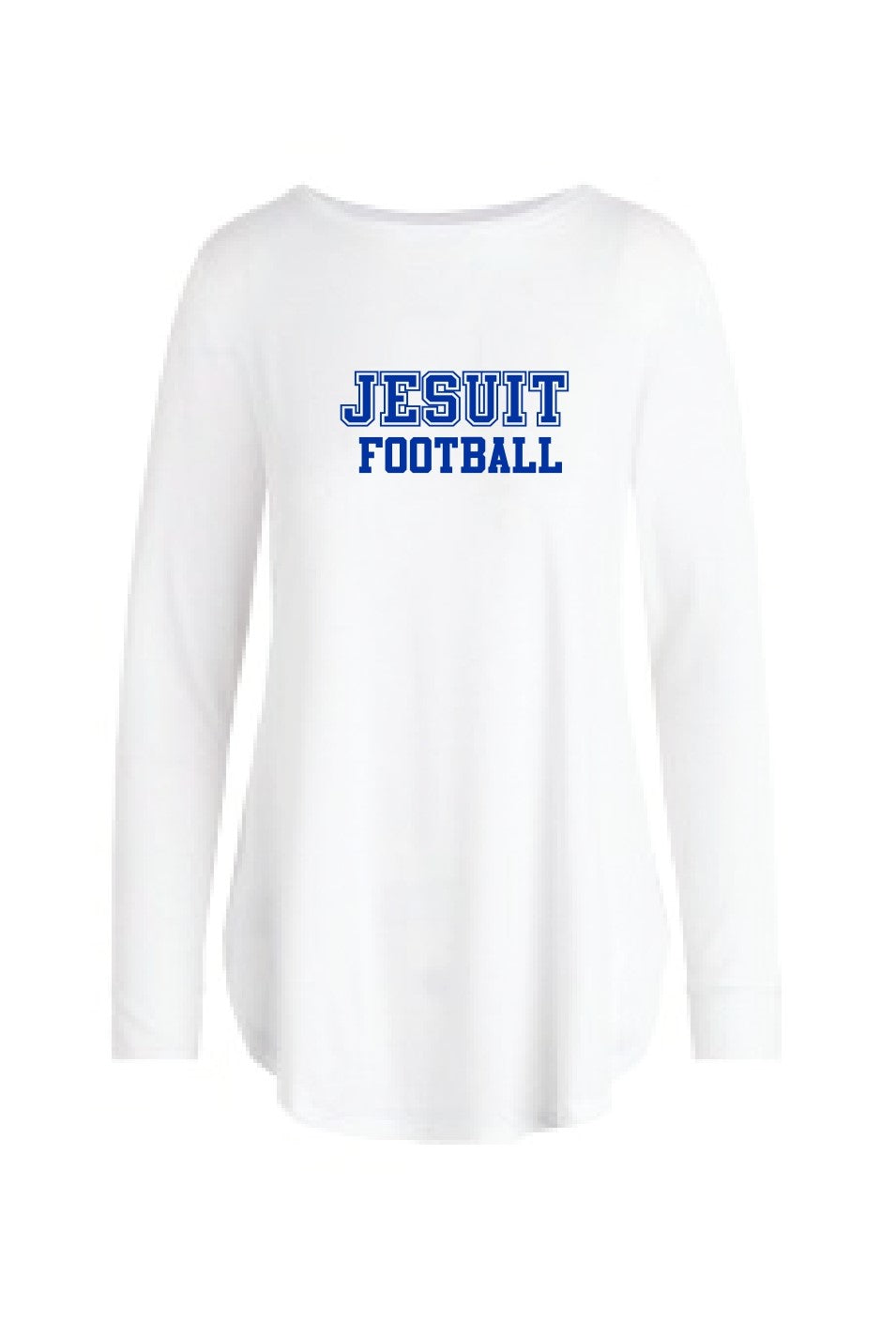 Tasc Performance.  48% Bamboo Viscose/47% Modal/5% Lycra.  Overlapping side scalloped panels with high side splits, sleeve cuffs, curved bottom hem, 28" body length.  With Jesuit Football logo.
