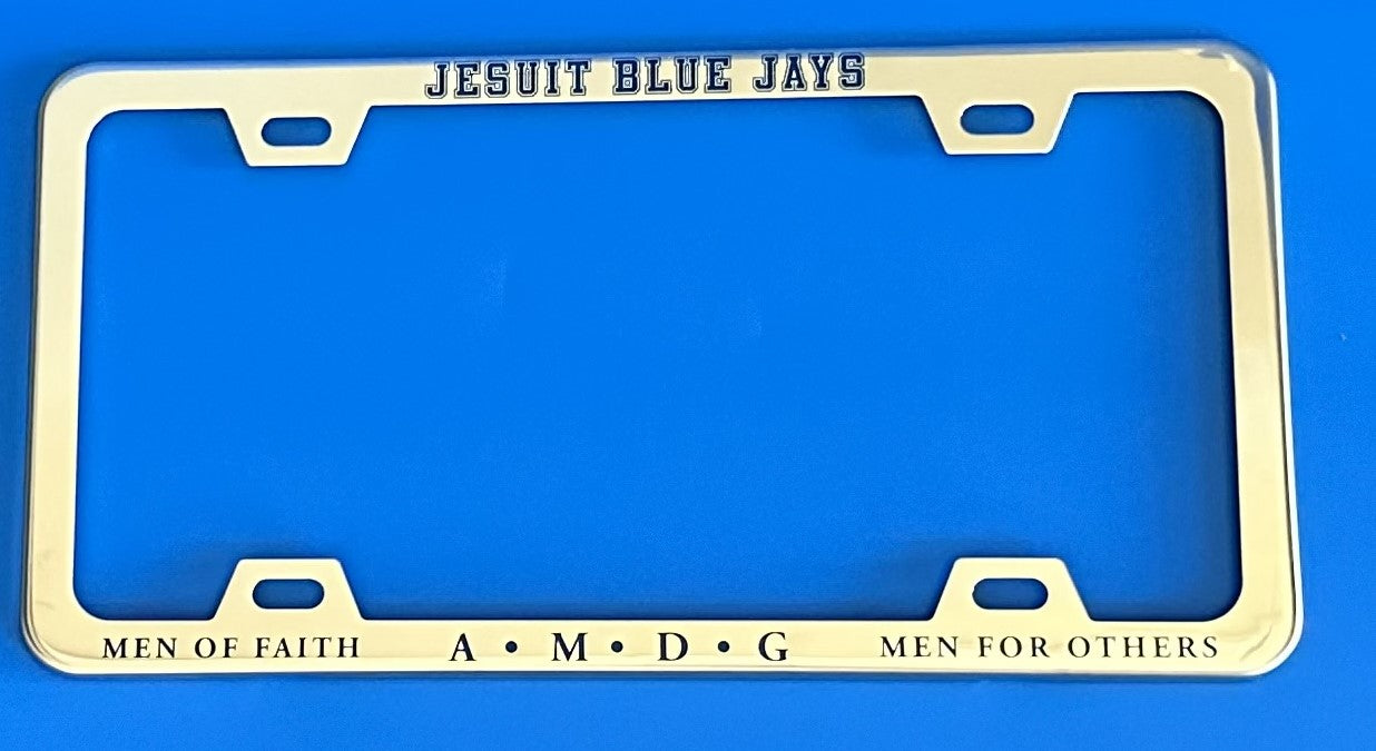 Metal license plate frame (100% Zinc Alloy).   Fits most standard-size license plates.  Frame adheres to LA license plate guidelines:  License plate numbers and registration sticker are visible with this license plate frame.  Measures approximately 6" x 12".  Two mounting holes on top and bottom of frame (screws not included).  Show your Blue Jay Spirit on the road!