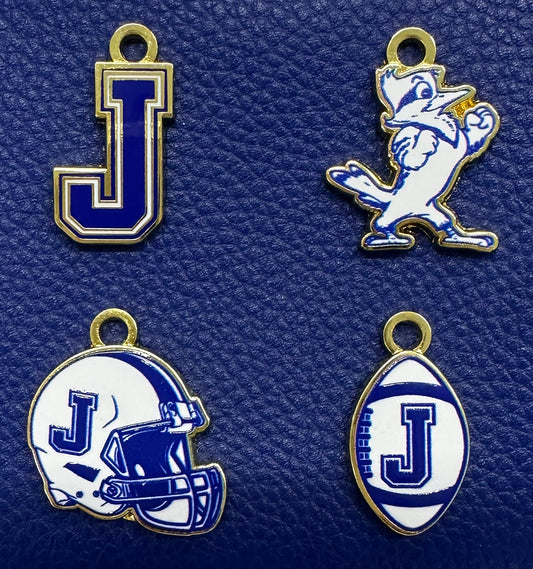 Lisa Devlin.  7/8" tall. 4 styles available: J, Jayson, Football Helmet, Football.  Can be added to the Agate bracelets (sold separately) OR can be worn on a chain as a necklace.