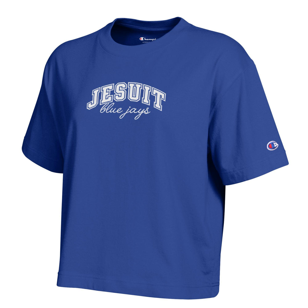 Champion.

100% Cotton.

An updated short sleeve tee in super-soft sueded jersey. Slightly oversized fit with dropped shoulder. Shorter body length. 1" tall neck rib. Deep 1.25" sleeve and bottom hems.

Jesuit blue jays logo.