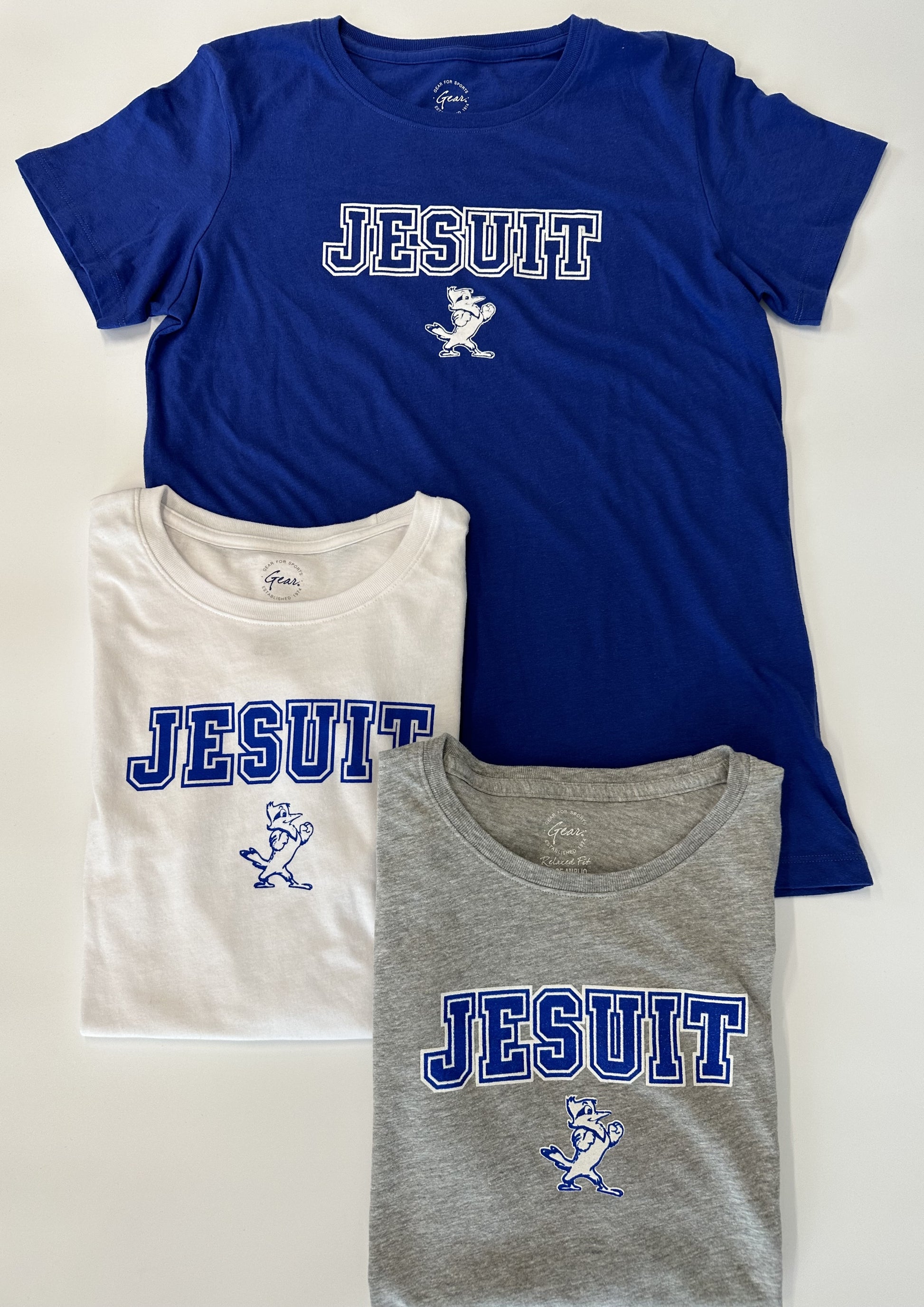 Gear for Sports.  60% Cotton/40% Polyester (Royal Blue & White)/  90% Cotton/10% Polyester (Oxford Heather)   Features a feminine crew neckline and a flattering, relaxed fit.