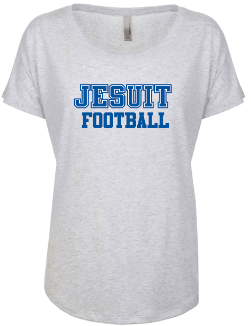 Next Level.

50% Polyester/25% Combed Ring-Spun Cotton/25% Rayon

Lightweight scoop neck with a soft drape and a little stretch.

JESUIT FOOTBALL LOGO.