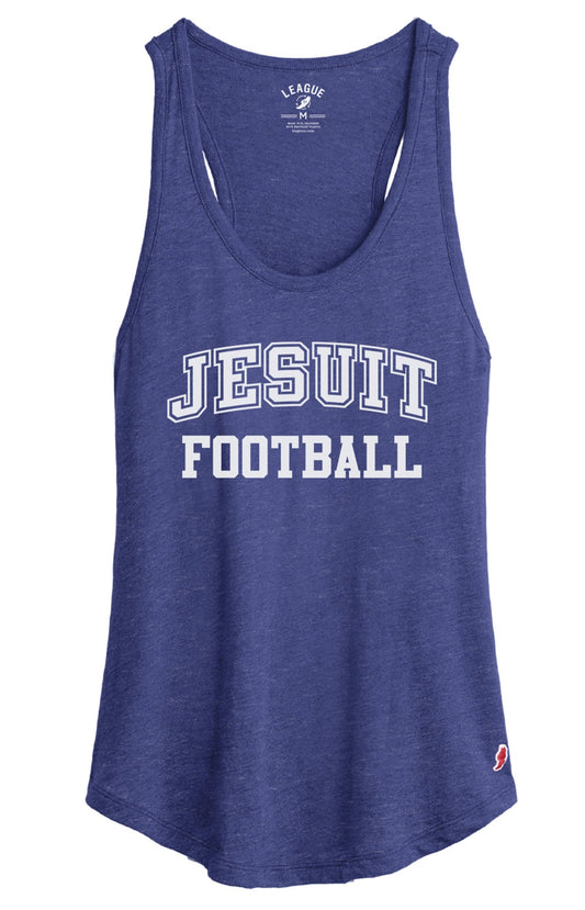 League Apparel.

50% Recycled Polyester/38% Cotton/12% Rayon.

Racerback fit, slightly scalloped hemline made with a soft triblend jersey.

Jesuit Football logo.
