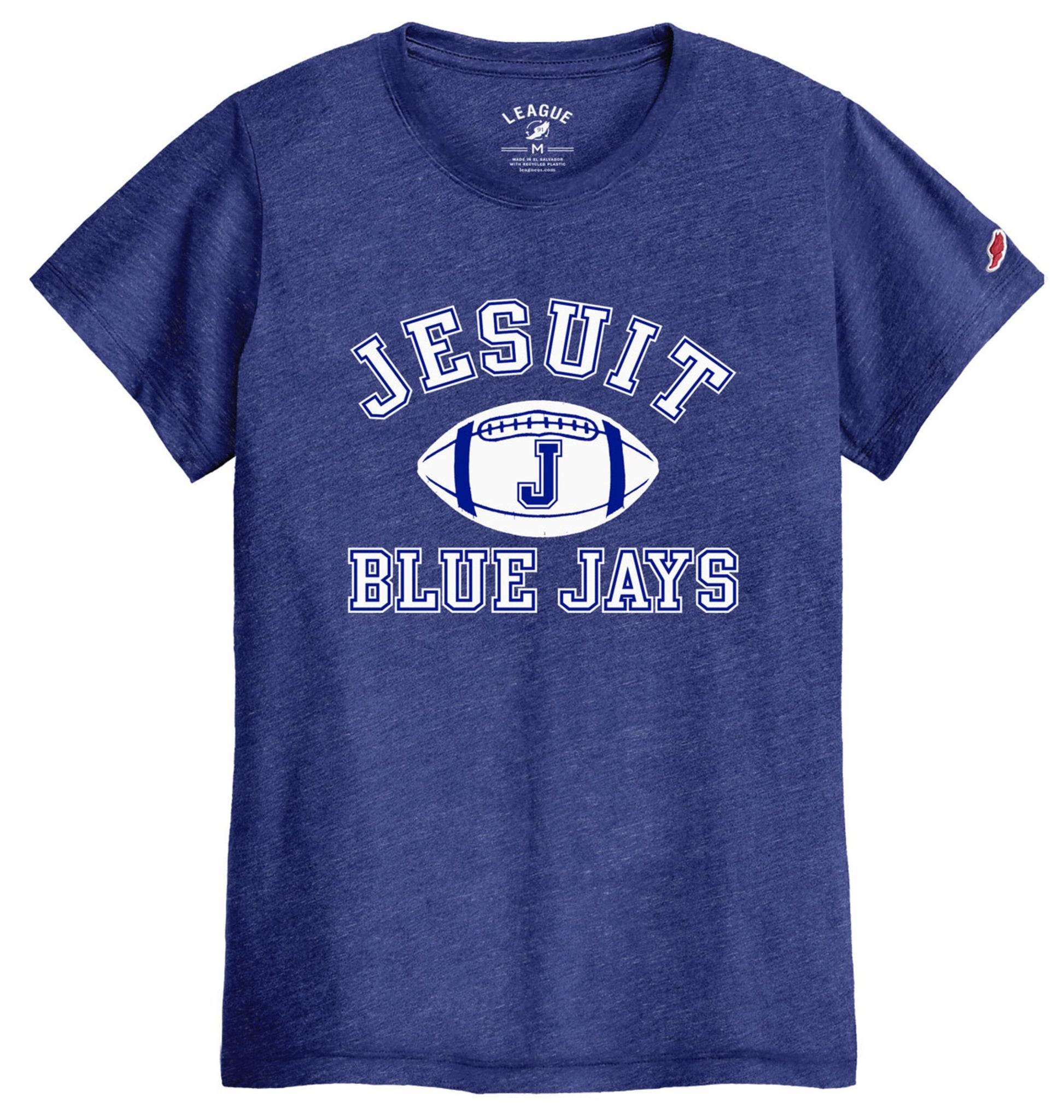 eague Apparel.

50% Recycled Polyester/38% Cotton/12% Rayon.

Classic fit women's tee, crewneck, short sleeves and the fabric is a soft triblend jersey.

Jesuit Football logo.