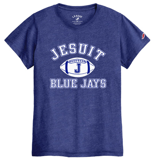 eague Apparel.

50% Recycled Polyester/38% Cotton/12% Rayon.

Classic fit women's tee, crewneck, short sleeves and the fabric is a soft triblend jersey.

Jesuit Football logo.