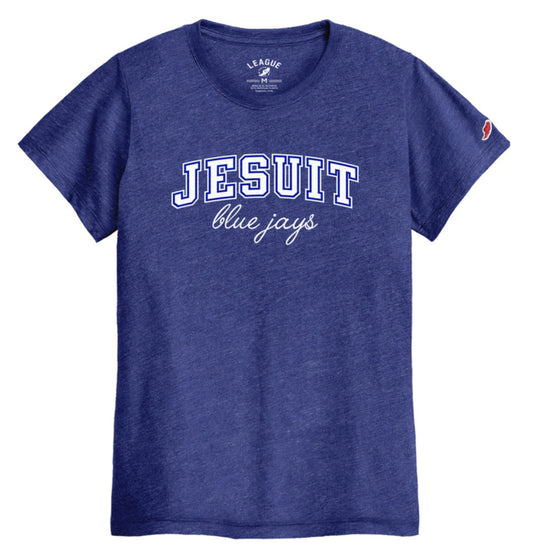 eague Apparel.

50% Recycled Polyester/38% Cotton/12% Rayon.

Classic fit women's tee, crewneck, short sleeves and the fabric is a soft triblend jersey.

Jesuit Blue Jays logos.