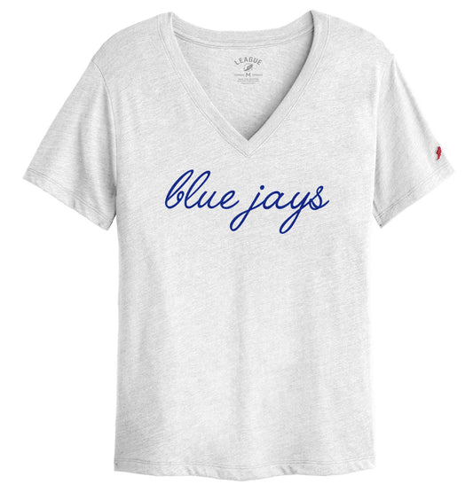 League Apparel.

50% Recycled Polyester/38% Cotton/12% Rayon

Made with triblend jersey. Easy fit with a shallow v-neckline.

Blue Jays cursive logo.