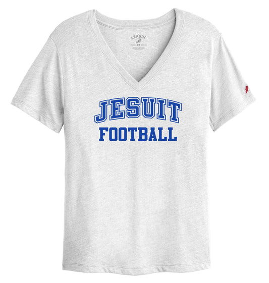 League Apparel.

50% Recycled Polyester/38% Cotton/12% Rayon

Made with triblend jersey.&nbsp; Easy fit with a shallow v-neckline.

Jesuit Football logo.