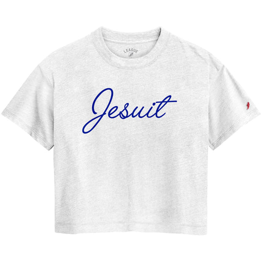 League Apparel.

50% Recycled Polyester/38% Cotton/12 % Rayon

Made with triblend jersey. Crew neck, midi length, drop shoulder, relaxed fit.

Jesuit cursive logo.