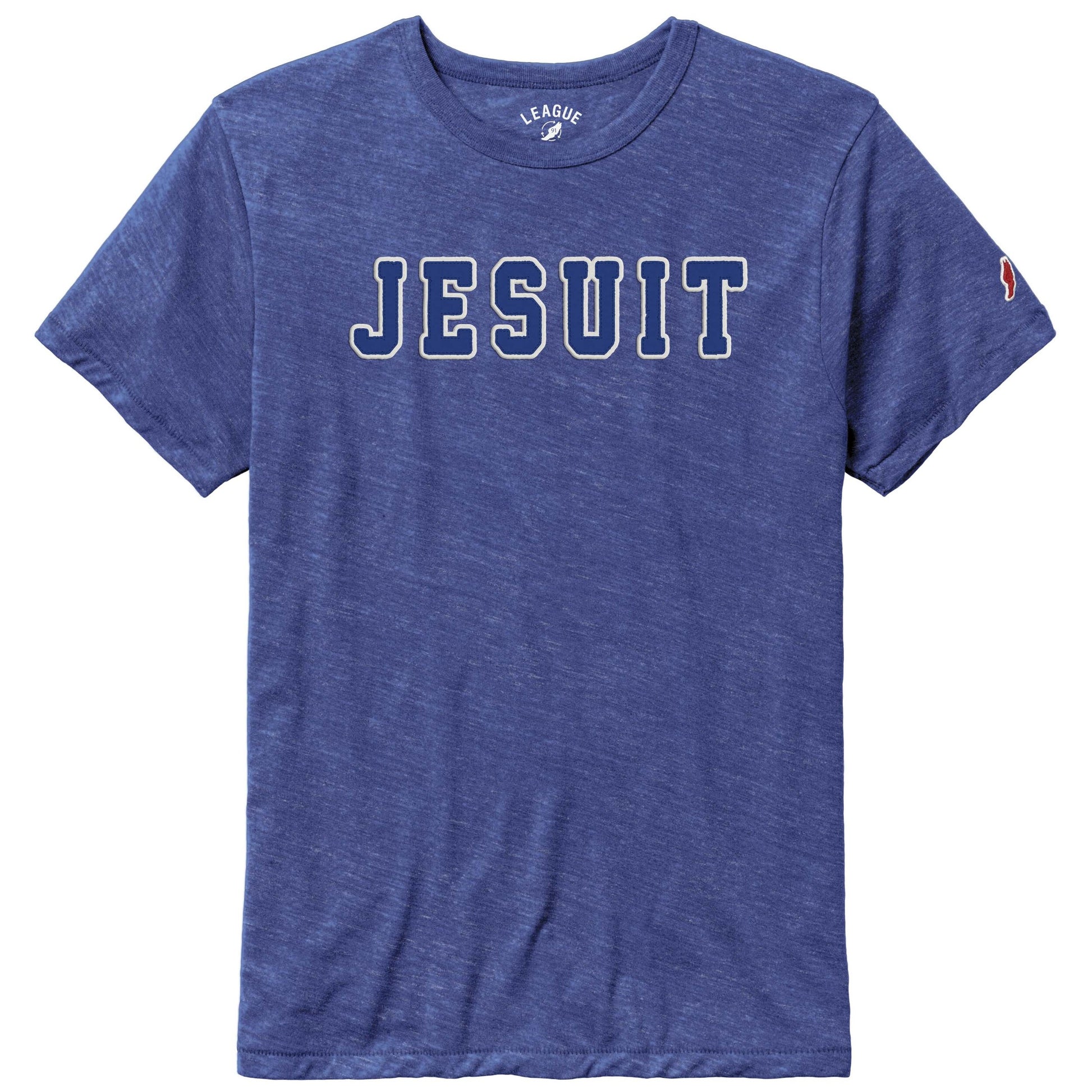 League Apparel.

Tri blend Jersey. 50% Recycled Polyester/38% Cotton/12% Rayon.

Classic fit with a well-worn favorite feel. Top selling unisex style.

Jesuit raw edge jersey applique.
