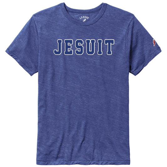 League Apparel.

Tri blend Jersey. 50% Recycled Polyester/38% Cotton/12% Rayon.

Classic fit with a well-worn favorite feel. Top selling unisex style.

Jesuit raw edge jersey applique.