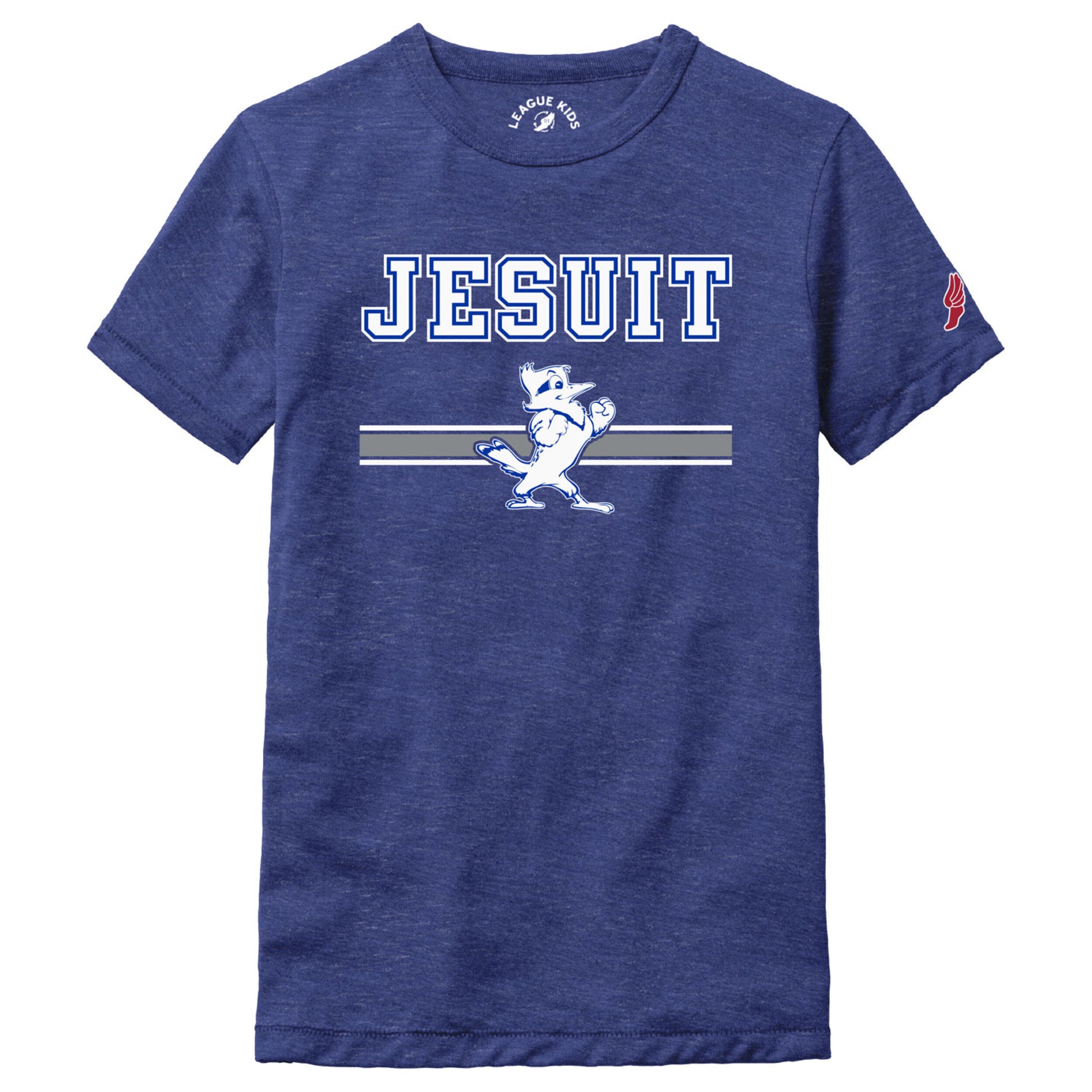League Apparel.

50% Recycled Polyester/39% Cotton/12% Rayon.

Short sleeves, easy fitting body, ultra-soft triblend knit.

Jesuit w/Jayson logo.