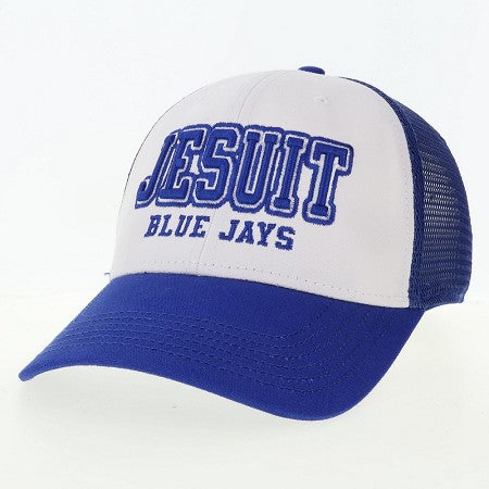 Legacy.

Lo-Pro Snapback White/Royal Trucker Hat.

100% fine gauge cotton canvas and 100% poly mesh.

6 panel structured low profile crown.

Snapback closure.

JESUIT Blue Jays logo.