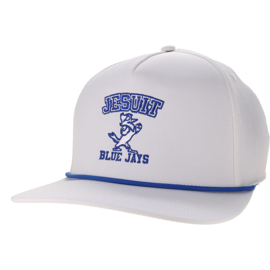 Legacy.

The White Caddy hat is designed for on and off the golf course or charter boat.&nbsp; It's a retro-inspired, high crown cap featuring coordinating rope, slight curve visor &amp; snapback closure.&nbsp; The lightweight fabric is made from a no-sheen, moisture-wicking poly spandex with recycled fibers.

Jesuit Blue Jays w/Jayson logo.