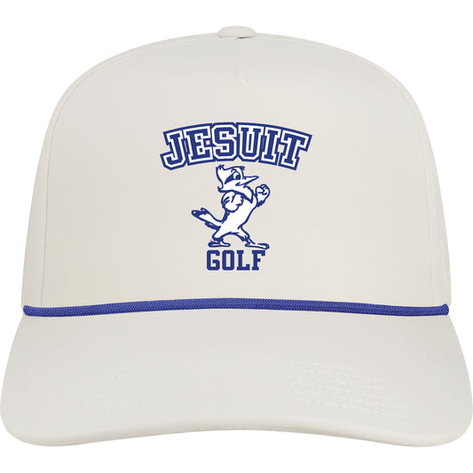Legacy.

The White Caddy hat is designed for on and off the golf course or charter boat. It's a retro-inspired, high crown cap featuring coordinating rope, slight curve visor & snapback closure. The lightweight fabric is made from a no-sheen, moisture-wicking poly spandex with recycled fibers.

Jesuit Blue Jays w/Jayson & Golf logo