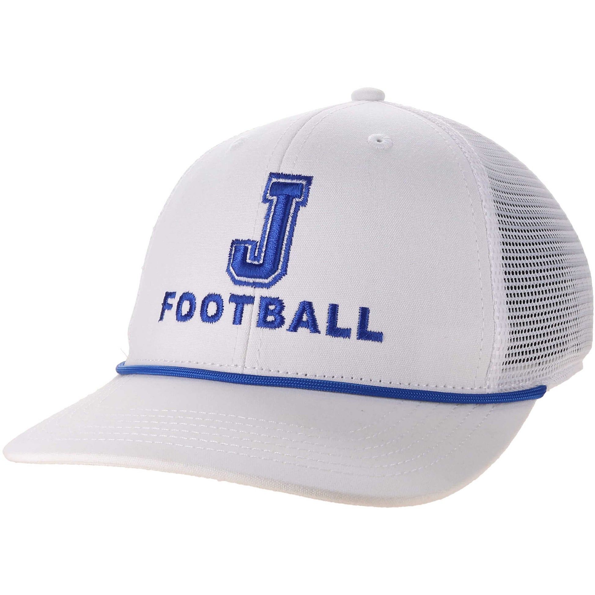 Legacy.

Mid-Pro Snapback White w/Royal rope Trucker Hat.

100% fine gauge cotton canvas. 6-panel mid-profile structured fit. Slight curve brim. Moisture-wicking sweatband. Breathable mesh with snapback closure.

J Football logo.