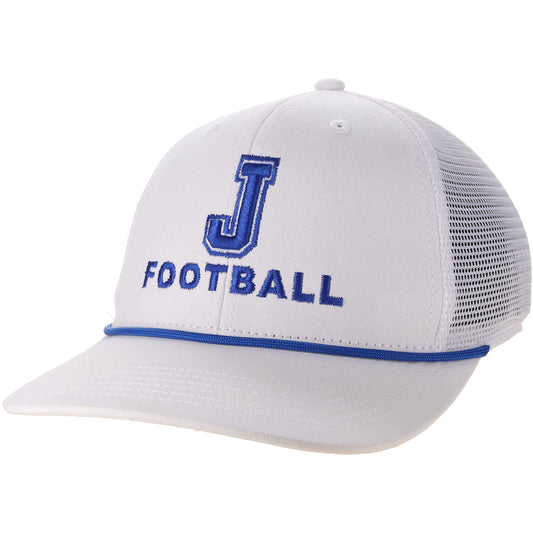 Legacy.

Mid-Pro Snapback White w/Royal rope Trucker Hat.

100% fine gauge cotton canvas. 6-panel mid-profile structured fit. Slight curve brim. Moisture-wicking sweatband. Breathable mesh with snapback closure.

J Football logo.
