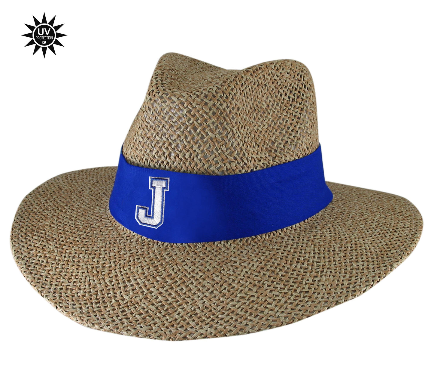 Logo Fit. UPF. Safari hat with sunblock lining and flex-fit band. Natural color straw. One size fits most. Royal blue band with J logo