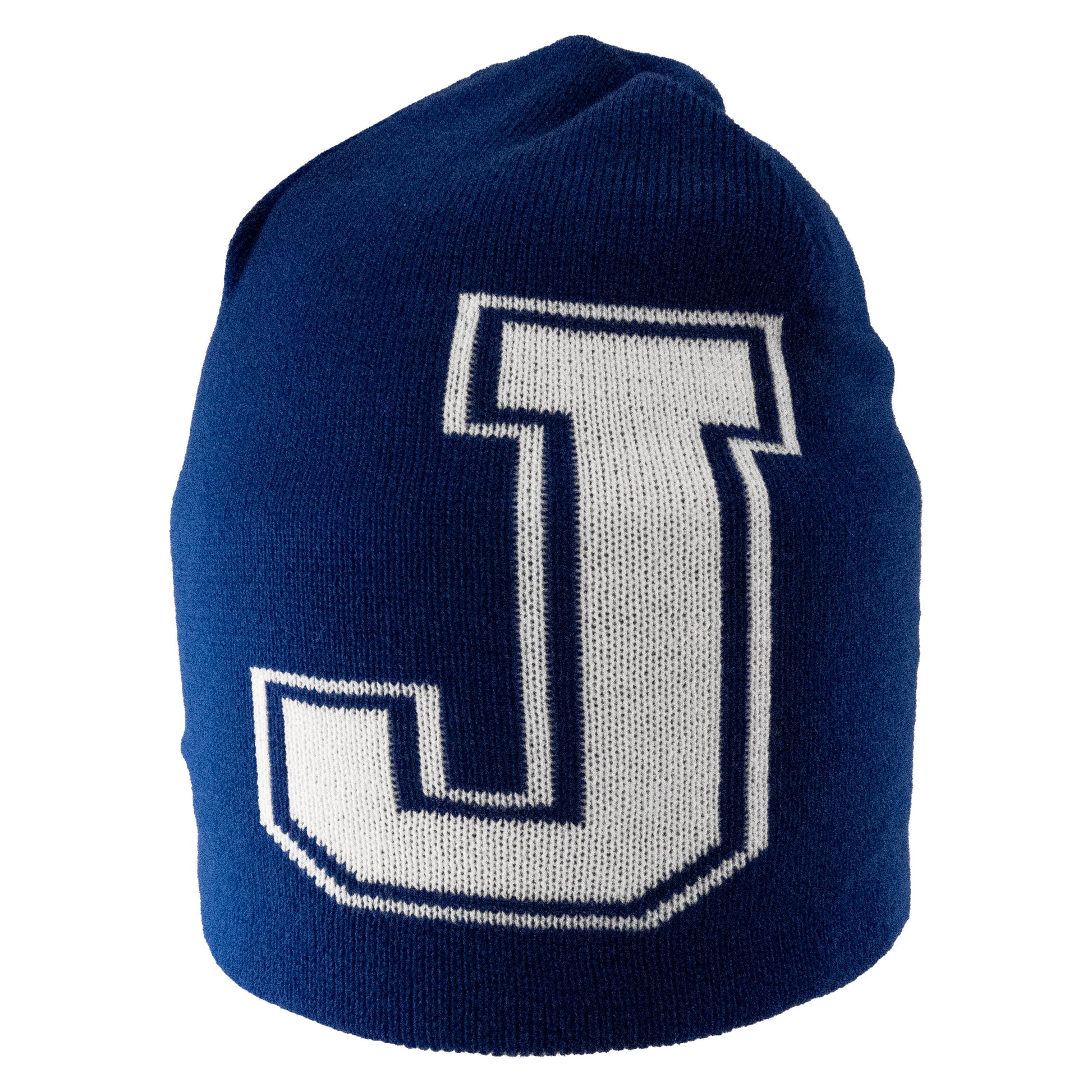 Logo Fit.

100% acrylic.

Beanie with off-set oversized knit-in design.

The Switchblade! Royal side with J logo. White side with Blue Jays logo