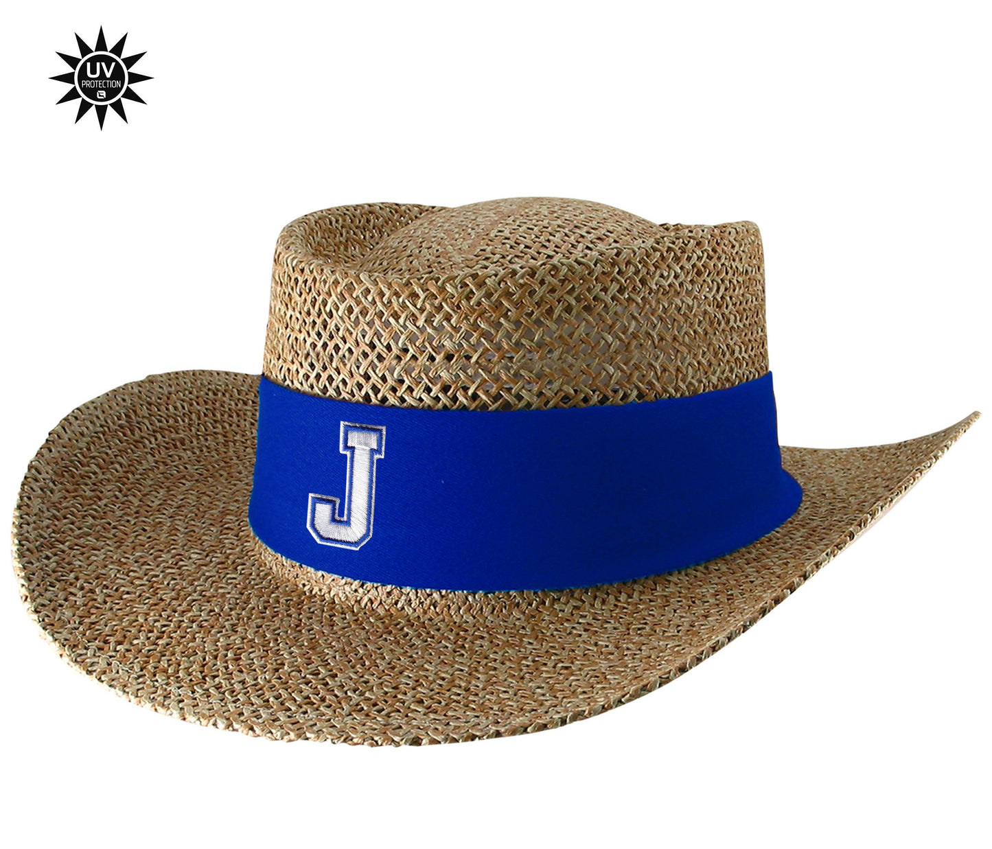 Logo Fit. UPF gambler hat with sunblock lining and flex-fit band. Natural color. One size fits most. Royal blue band with J logo.