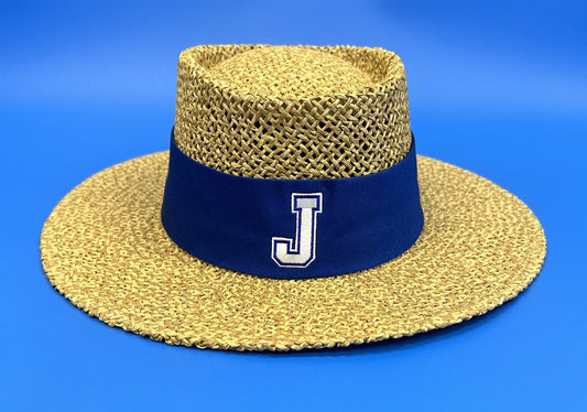 Logo Fit. UPF gambler hat with sunblock lining and flex-fit band.  Natural color.  One size fits most. Royal blue band with J logo.