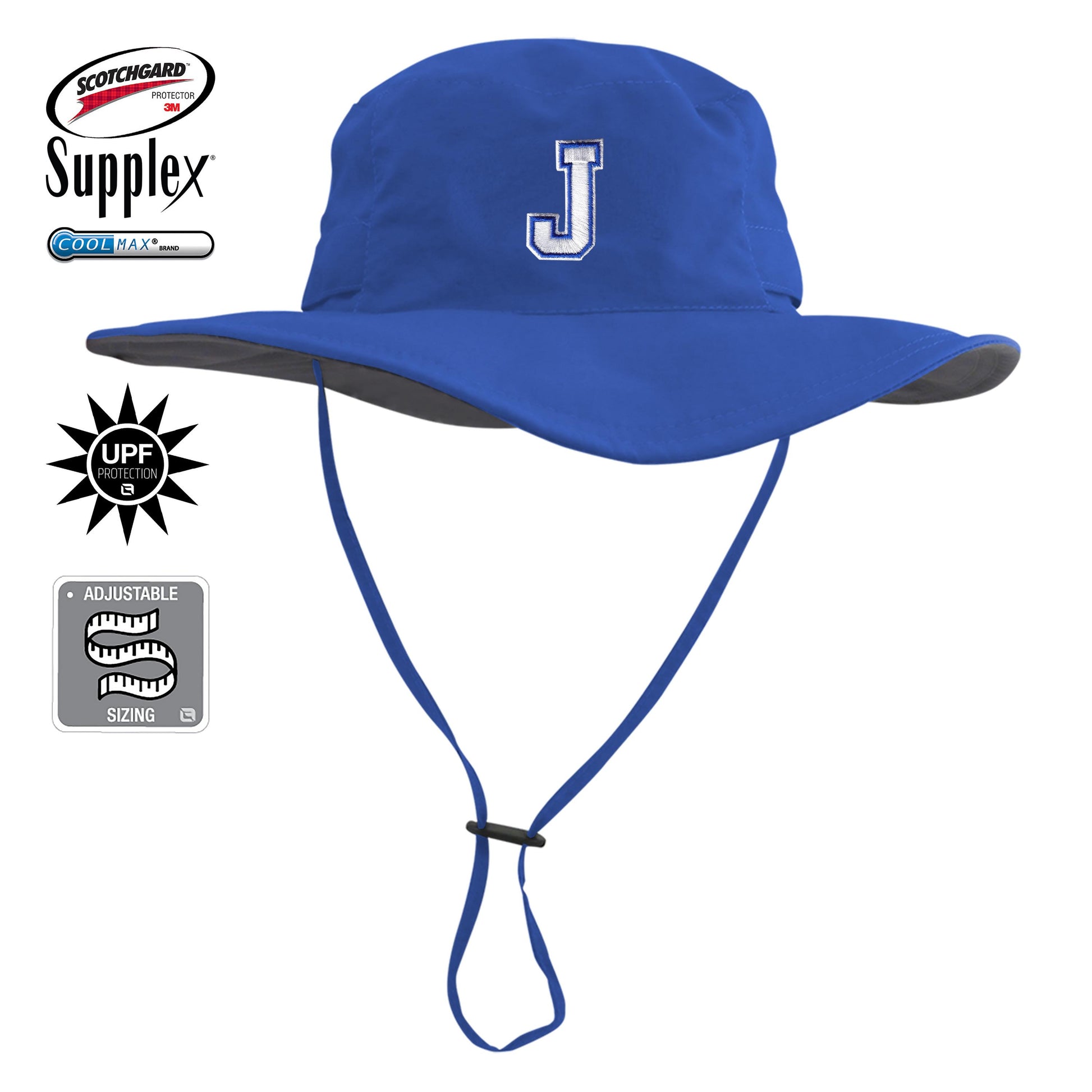 Logo Fit.

UPF 40+ Outback Boonie hat. Now available in White and Royal Blue.

COOLMAX technology sweatband.

J logo.