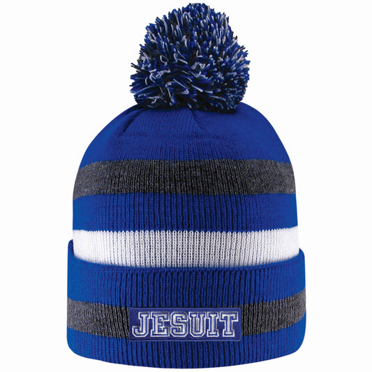 Logo Fit.

Acrylic.

Cuff hat with knit-in stripes and pom.

JESUIT logo.