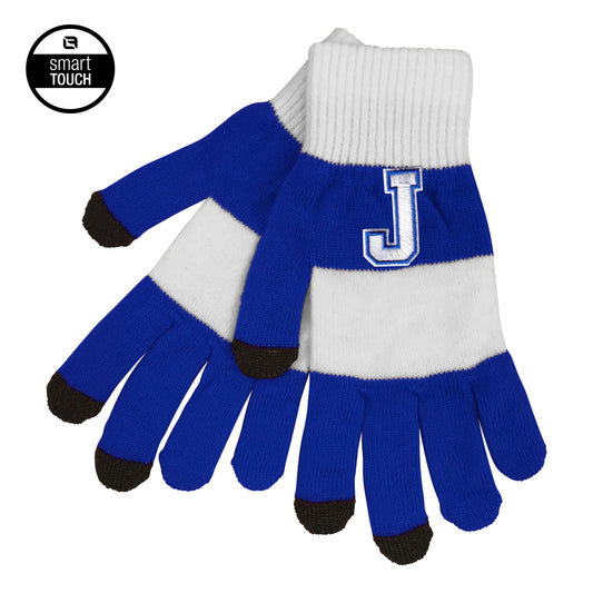 Logo Fit.

Acrylic.

Rugby Striped knit stretch Texting gloves.

J logo.