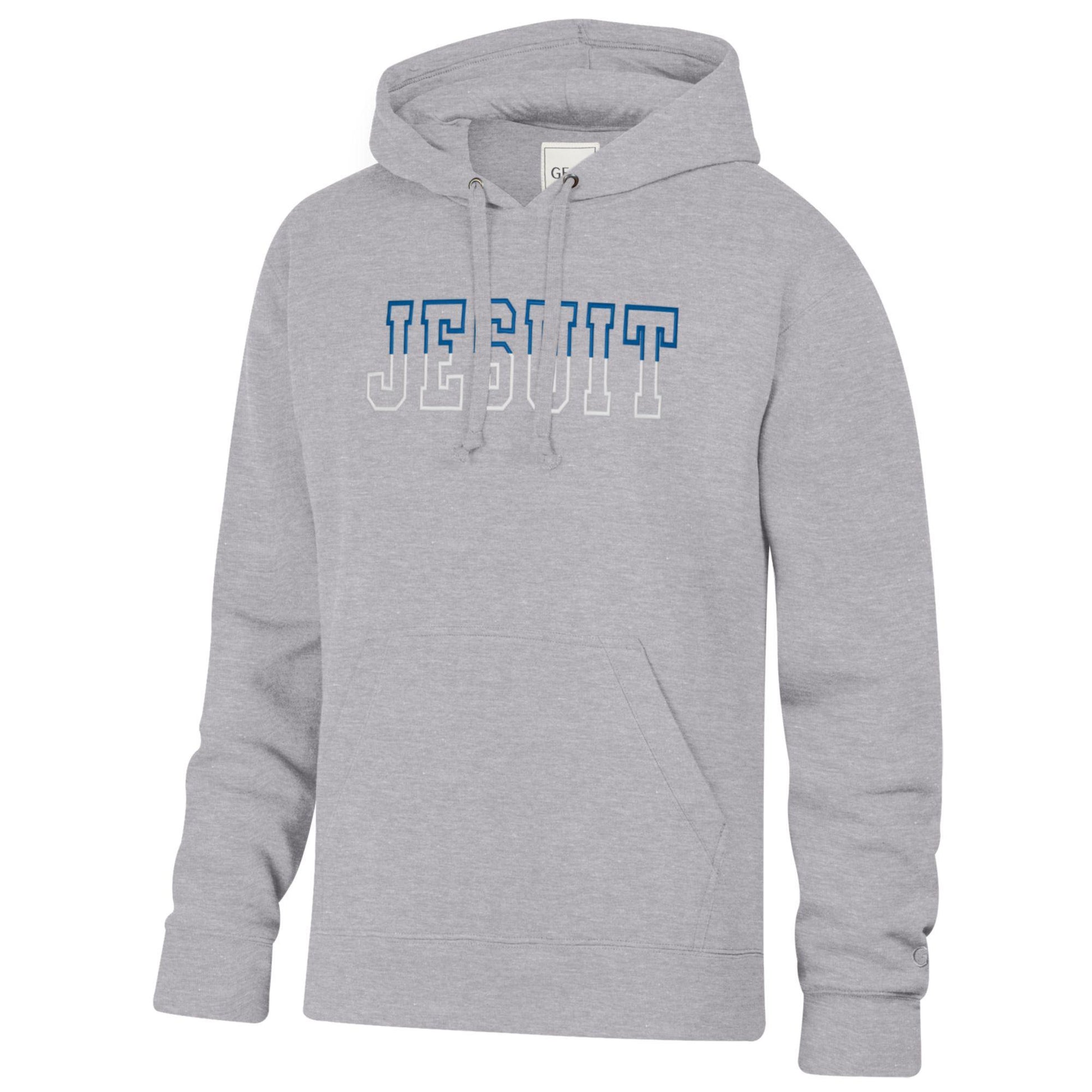Gear for Sports.

75% Cotton/25% Polyester - 9 oz. fleece.

This hoodie is brushed inside & out for the coziest fit & feel. Jersey lined hood with full draw cord and front pouch pocket. 1 x 1 Cotton/Spandex rib at cuff, waistband, pocket openings.

3D embroidered JESUIT logo - fades from Royal Blue to White.